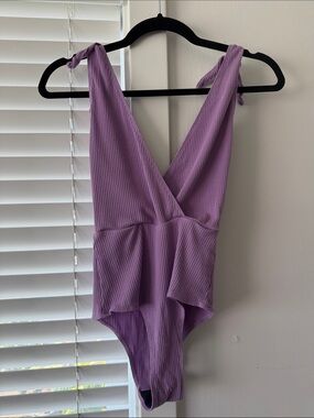 Reformation Lavender Ribbed Tie-Shoulder One-Piece Bodysuit